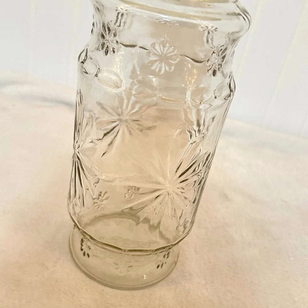 Planters Mr Peanut Glass Canister Jar 1980 Clear Starburst Floral Excellent 8.5